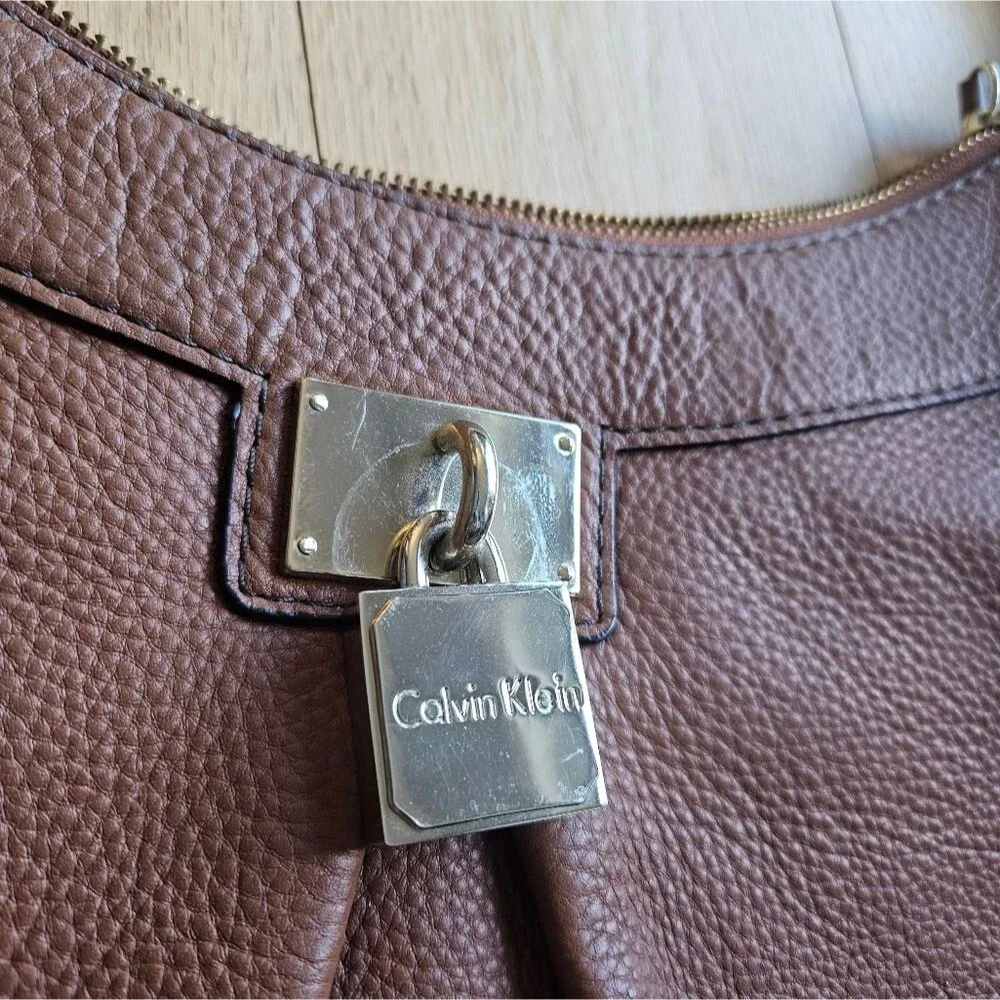 Calvin Klein‎ Brown Pebbled Leather Padlock Hobo Small Shoulder Tote Bag